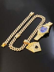 Conjunto de collar con colgante de póker con diamantes de imitación estilo real y reloj con esfera azul completamente cubierto de diamantes de imitación, estilo punk para hombres, joyería a juego de rapero de hip hop - Azul - Ver 9
