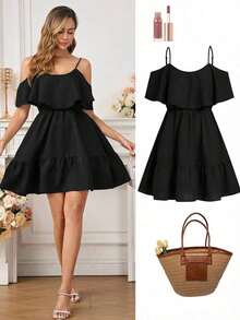 Vestido mini elegante de alta gama, diseño de hombros descubiertos y corte entallado, ideal para vacaciones, uso diario, reuniones y meriendas - Negro - Ver 2