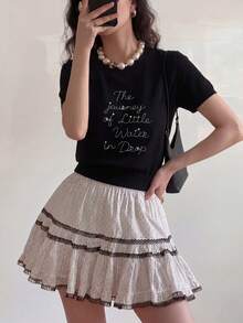 Women's Casual Minimalist Letter & Pearl Decor Crew Neck Short Sleeve Knit Top, Summer Black - Black - View 5