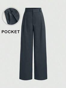 Mono de diseño minimalista Vela Rue con cierre de gancho y cremallera, pantalones anchos de color azul marino sólido semitransparente y ligeros, pantalones anchos de moda para todas las estaciones - Gris - Ver 7