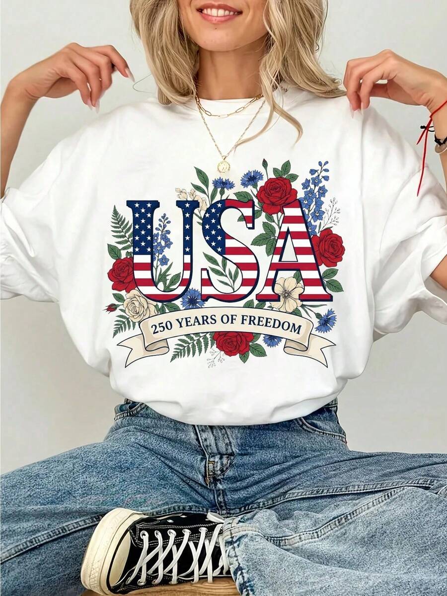 250 Years Of Freedom USA T Shirt 2026 July 4th Independence Day Patriotic Floral Graphic Oversized Loose Short Sleeve Tee Top For Women - 白色 - 查看 1