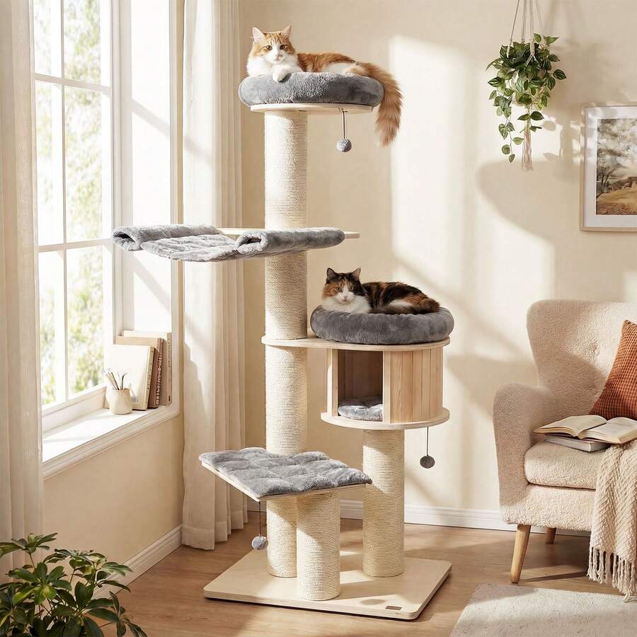 68.5'' Cat Tree Condo 4-Layer Wooden Kitten Activity Tower W/ Sisal Posts - 灰色 - 查看 1