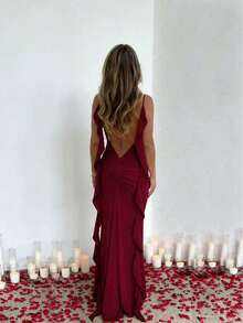 Women's Solid Color Chiffon Ruffle Splice Handmade Floral Sexy Elegant Elegant Fashion Holiday Valentine's Day Wedding Party Dress Summer - Burgundy - View 3