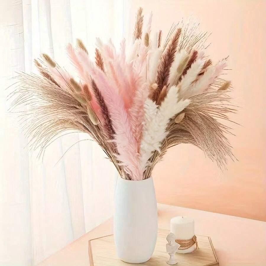 Brown Artificial Reed Grass Bouquet, Large Rabbit Tail Grass, 43.18cm Bohemian Style Fluffy Artificial Reed, Wedding Home Tabletop Party Decoration (Classic Style) - Pink - View 1
