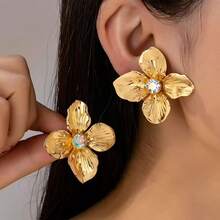 1 Đôi bông tai thiết kế độc đáo bằng kim loại, đính đá hình hoa, kiểu dáng sang trọng 3D, họa tiết cánh hoa, thích hợp cho kỳ nghỉ. - hoa tai - Xem 1