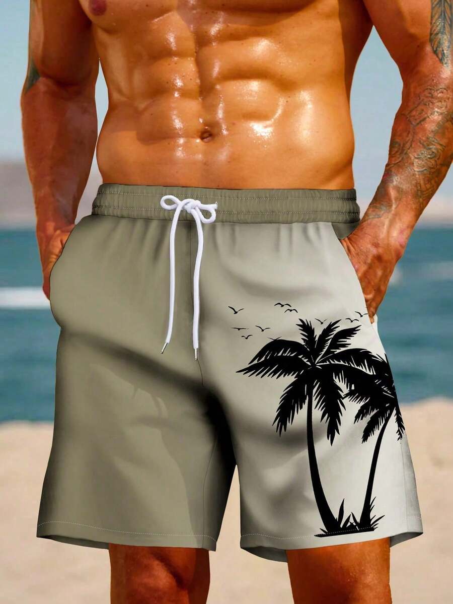 Men's Swim Trunks, Hawaiian Holiday Casual Outdoor Coconut Tree Gradient 3D Digital Print, Relaxed Daily Vacation Single Layer Drawstring Beach Shorts