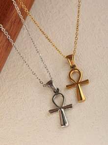 1pc 18K Gold Plated Ankh Cross Necklace, Delicate Ankh Pendant Cross Necklace, Stainless Steel Necklace For Women, Vintage Silver Cross, Great Gift Choice - 多色 - 查看 3