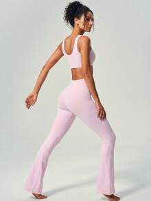 UONNOU High Waist Flare Yoga Pants & U-Neck Sports Bra, Seamless Activewear Set - Baby Pink - View 4