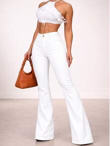 White Flare Pants, Bell-Bottom Style, High-Waisted, With Lycra, Butt-Lifting, Comfortable, Versatile, Casual, Elegant, Country Style. - White - View 2