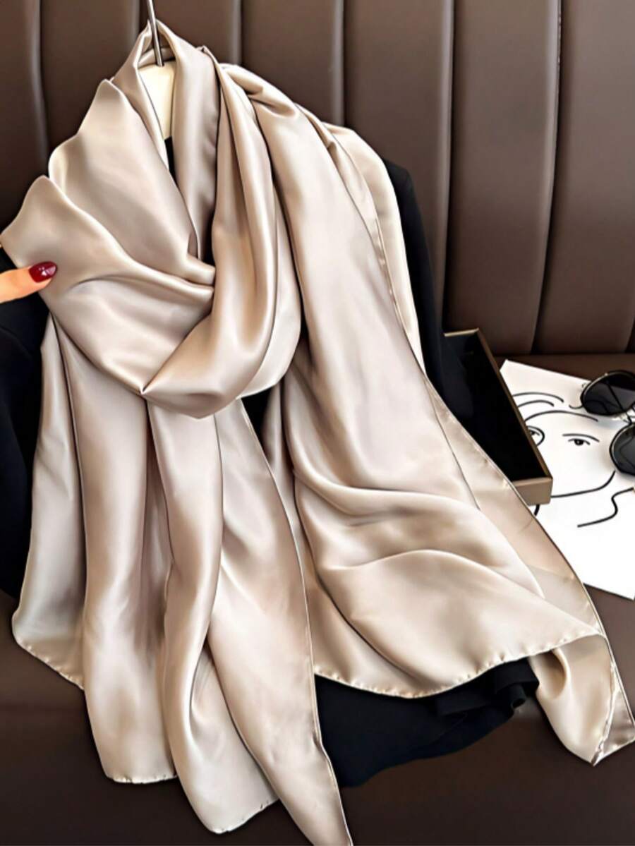 新款真丝缎面卡其色披肩围巾 1 件 - 卡其色 - 查看 1