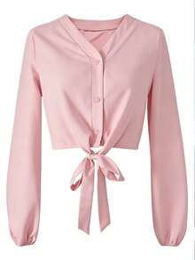 Blusa elegante y versátil con nudo delantero de unicolor para mujer, apta para uso casual diario, en el hogar, para ir al trabajo y en citas, color rosa primaveral - Gran rojo - Ver 10