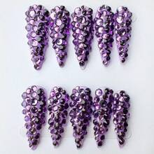 Y2K Luxury Long Pointed Nail Tips, Handmade, Clear Nail Plates, Purple Rhinestones, Fully Covered Shiny 3D Design - Full Coverage DIY Glitter Artificial Nails, Elegant, Glamorous, Suitable For Party, Outdoor, Beach, Daily, Holiday, Gathering, Work And Special Occasions - 10pcs/Pack - Multicolor - View 12