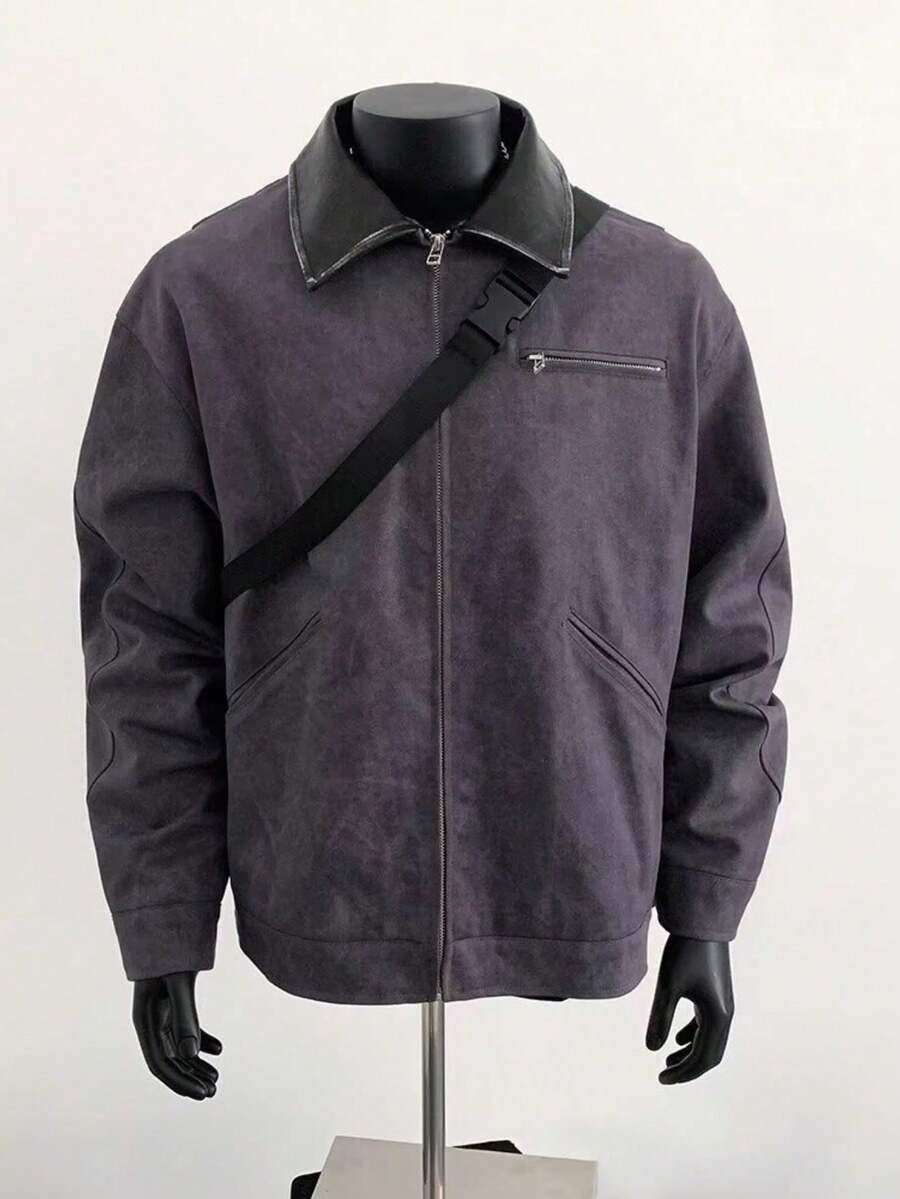 Men's Distressed Detroit Airbrush Print Zip-Up Jacket - Vintage Deconstructed Patchwork Oversized Streetwear - Dark Grey - View 1
