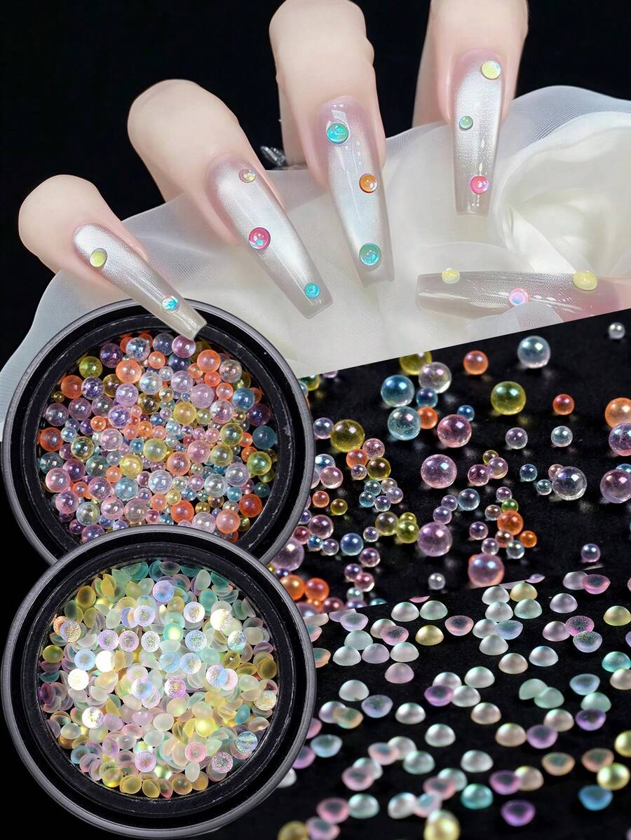 2盒幻彩美人魚美甲珠組,混色尺寸1/2/3mm & 2.8mm AB色氣泡樹脂美甲魚子珠,夏季彩虹水滴美甲飾品,DIY壓克力美甲、美甲沙龍美甲配件用品 - 彩色 - 查看 1