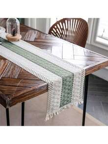1 chiếc khăn trải bàn trang trí cao cấp, sang trọng, chất liệu cotton lanh, phong cách mộc mạc Boho, thêu tua rua, dùng trong nhà. - màu xanh lá - Xem 4