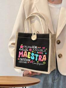 Multicolor Maestra Letter And Pencil Apple Pattern Print Tote Bag ,Reusable Tote - Multicolor - View 12
