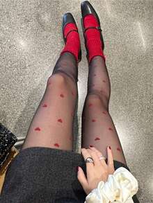 1双女士红色爱心图案缎面性感丝袜，超薄、高弹、透气，时尚百搭的透明丝袜，适合约会和派对穿着 - 彩色 - 查看 6