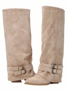 Y2K Retro Black Slouchy Trouser Boots Metal Buckle Decor Low Block Heel Knee High Festival Outfit Slouchy Boots - Màu be - Xem 5