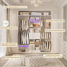 60 Inch White Expandable Closet Organizer System, 1.58-6.8FT Walk-In Closet With 5 Hanging Rods & Reversible Hanging Shelving, Wooden Drawers Included - White - View 4