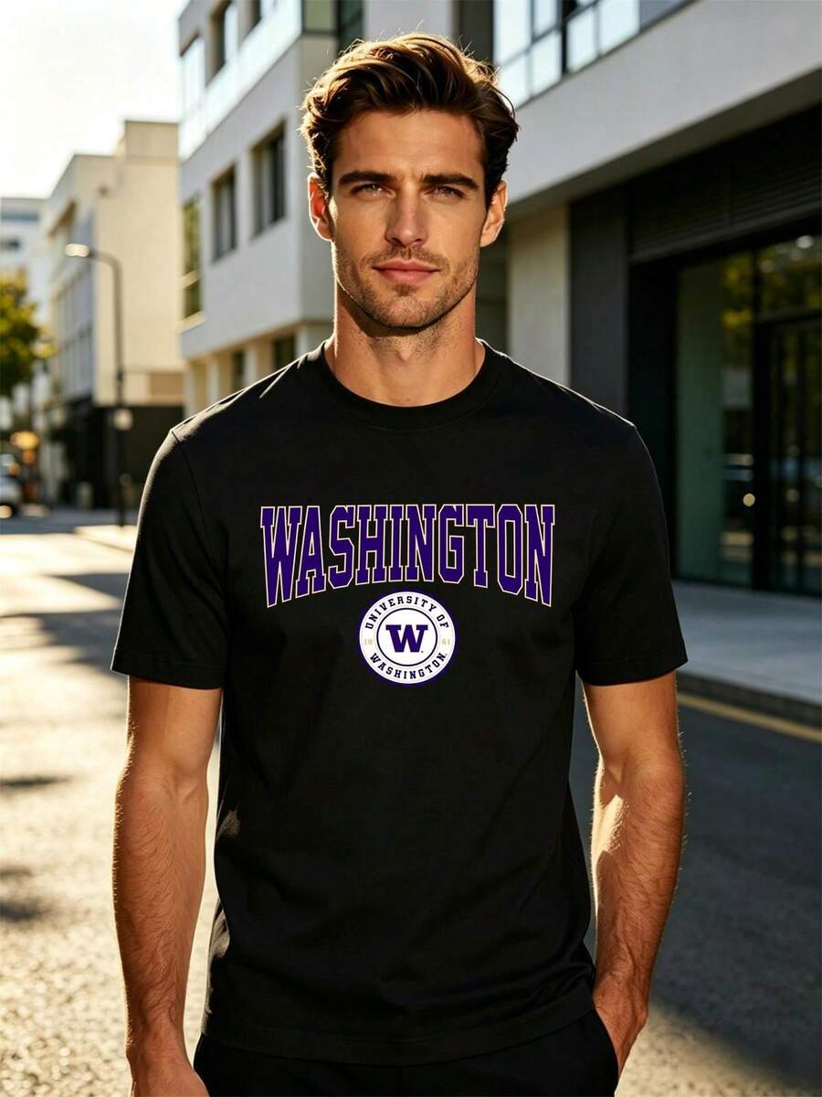 Men's University Of Washington Crop Top, Black T-Shirt With Purple "WASHINGTON" & UW Logo Print, Ideal For College Game Days, Campus Events, Daily Casual Wear, Huskies Fan Apparel - màu đen - Xem 1