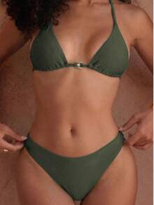 Women's Elegant Olive Green Halter Matching Pearl Accessory Bikini Swimwear For Vacation & Beach Summer - Olive Green - View 5