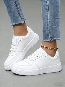 Women's White Leather Breatheable Lace-Up Shoes, Polished Upper With Ventilation Holes, Elevated Soft EVA Platform For Casual Outfits - 白色 - 查看 5