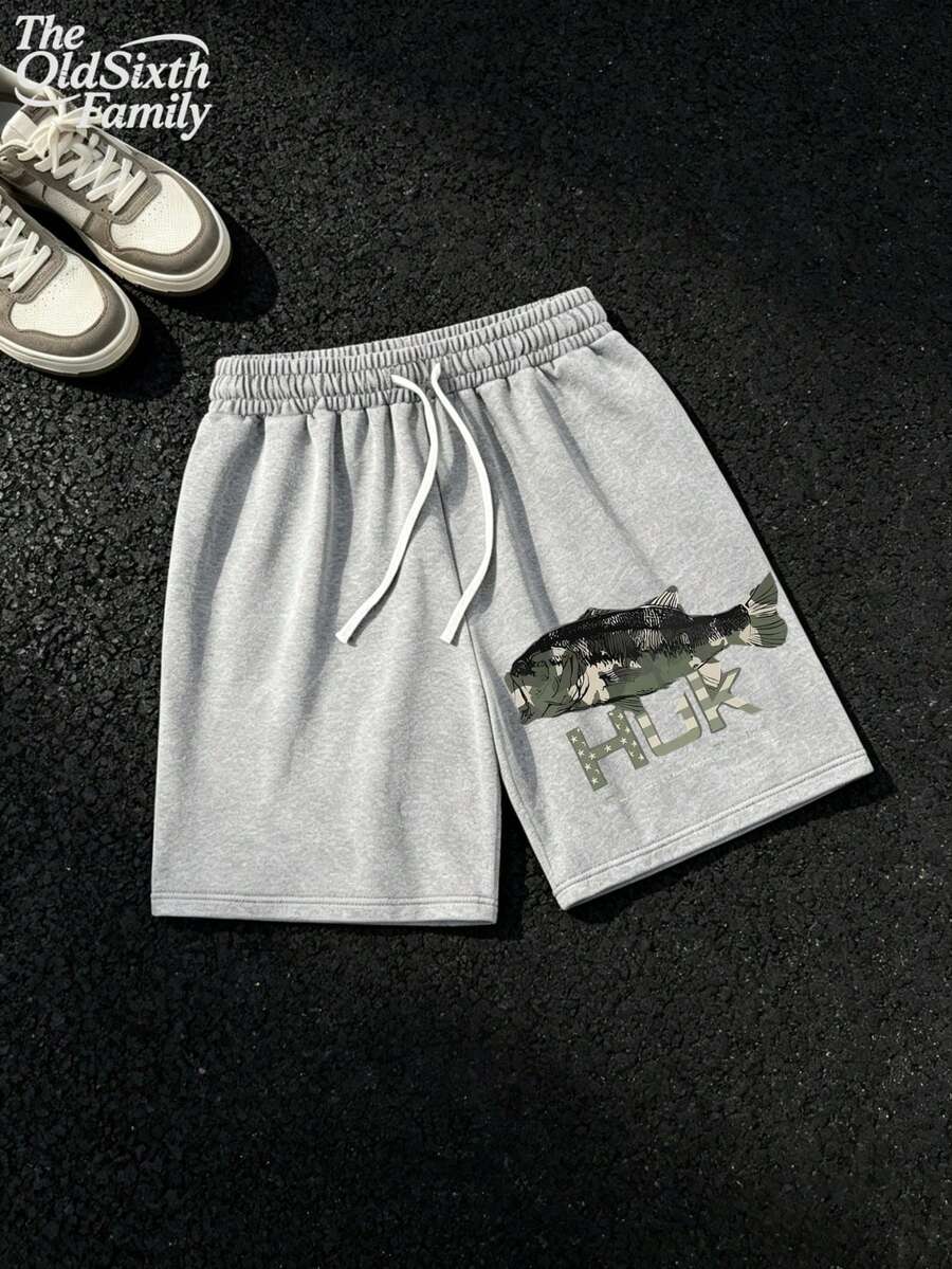 Men's Washed Shorts, Fish & Letter "HUK" Print Elastic Waist Drawstring Summer Casual Pants, American Vintage Hip Hop Streetwear, Retro Outdoor Graphic Design, S-XXXL, Ideal Gift For Boyfriend/Father, Loose Relaxed Fit, Breathable Cotton Blend Fabric, Lightweight & Comfortable For All-Day Wear, Urban Street Style, Casual Hangouts, Fishing Trips, Beach Outings, Summer Vacation, Outdoor Activities, Weekend Getaways, Backyard BBQ, Durable Stitching, Non-Fade Print, Easy To Mix & Match, Retro Washed Effect, High Street Aesthetic, Versatile Summer Essential, Soft & Breathable, Suitable For Daily Wear, Casual Loungewear, Comfortable Elastic Waistband, Drawstring Closure For Adjustable Fit, Classic Casual Shorts, Perfect For Warm Weather, Mens Clothes - Grey - View 1
