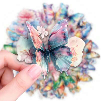 50张粉彩蝴蝶贴纸，防水乙烯基材质，水彩花卉渐变设计，适用于水瓶、笔记本电脑、手机壳和笔记本，美观大方，适合学生、成人和艺术爱好者，是剪贴簿、日记和设备装饰的理想之选。