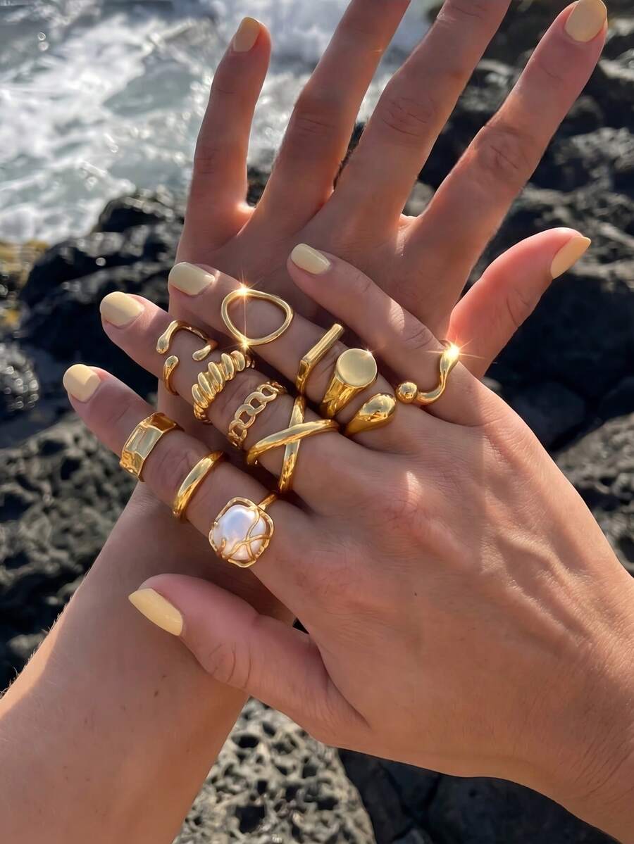 12pcs Women's Golden Asymmetric Geometric Faux Pearl Hollow Textured Liquid Metal Crossover Chunky Ring Set, Fashion Cute Minimalist Elegant Vintage Design, Suitable For Holiday, Party, Date, Daily Wear, Gift - Yellow Gold - View 1
