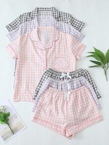 Set de 3 piezas de pijama cómodo y ligero con camisa de manga corta de cuello con botones a cuadros y shorts con lazo, adecuado para uso en casa, primavera/verano - Multicolor - Ver 1