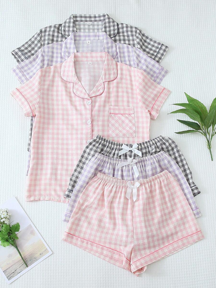 Set de 3 piezas de pijama cómodo y ligero con camisa de manga corta de cuello con botones a cuadros y shorts con lazo, adecuado para uso en casa, primavera/verano - Multicolor - Ver 1