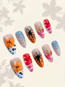 NAILS BASE 10件/組 粉色杏仁形長款法式漸層漸變美甲凝膠假指甲，附玫瑰紅花朵，杏仁形甲片，適合辦公場合的中性華麗風，日式手工製 - 彩色 - 查看 4