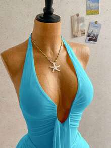 Vestido mini casual de vacaciones para mujer con escote en V profundo, cuello halter con lazo, y drapeado.Adecuado para la playa, cruceros y festivales de música en verano - verde menta - Ver 3