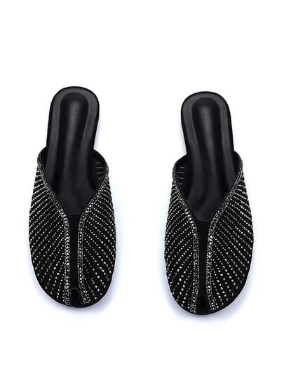 Women's Fashion Full Rhinestone Mesh Hollow Decor Black Faux Suede Comfortable Round Toe Flat Mule Shoes For Daily Casual Party Wear