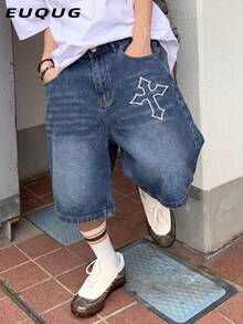 Quần short denim nam dáng rộng, in họa tiết chéo, có túi, kiểu dáng thường ngày. - Màu xanh lam - Xem 2
