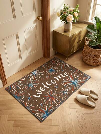 Thảm chùi chân/thảm trải sàn họa tiết pháo hoa cổ điển và chữ "WELCOME", chất liệu mềm mại, có thể giặt được, thích hợp cho phòng tắm, nhà bếp, lối vào, hành lang, phòng ngủ, phòng khách, phù hợp cho mọi mùa, phong cách trang trí cổ điển Mỹ.