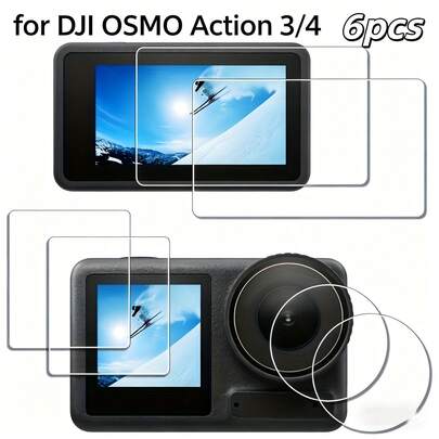 Bộ 6 miếng dán bảo vệ màn hình cho camera thể thao OSMO Action 3/4, Action 5Pro/Action 6, bao gồm miếng dán màn hình trước, sau và miếng dán bảo vệ ống kính, tương thích với camera OSMO Action 3/4/5Pro/6, độ nét cao, cảm ứng nhạy, chống trầy xước, không bọt khí, chống mài mòn, độ cứng 9H trong suốt.