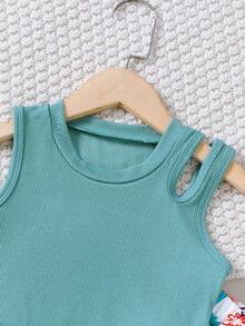 2 piese/set ținută de vară pentru fete, maiou de culoare uni asortat cu pantaloni drepți cu imprimeu, stil fashion street tineresc - Verde - Vizualizare 3
