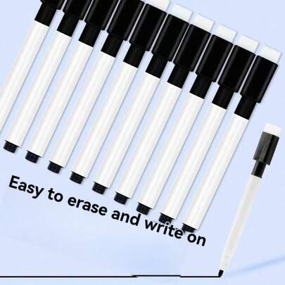 10/12/15/18/20pcs Black Whiteboard Markers With Erasers - Lightweight, Water-Based Ink, Fine Tip, Washable, Ideal For Office Desk, Home And School Supplies Organization, Desktop And Drawer Organizer, Whiteboard Pens