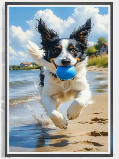 5D Diamond Painting Cross Stitch Kit, Cute Running Dog At Seaside Artwork, Diamond Embroidery Mosaic Gift, Suitable For Adult Beginners, Stress Relief Handcraft, Diamond Art Dotting DIY, Birthday Gift, Ideal For Home And Wall Decor