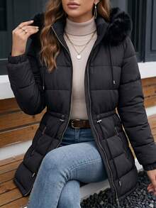 Women's Puffer Jacket With Faux Fur Lining For Winter With Hood - màu đen - Xem 4