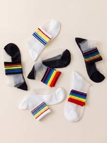 5 Pairs Random Rainbow Striped Transparent Crystal Glass Fiber Breathable Mid-Calf Socks, Spring/Summer - Multicolor - View 5