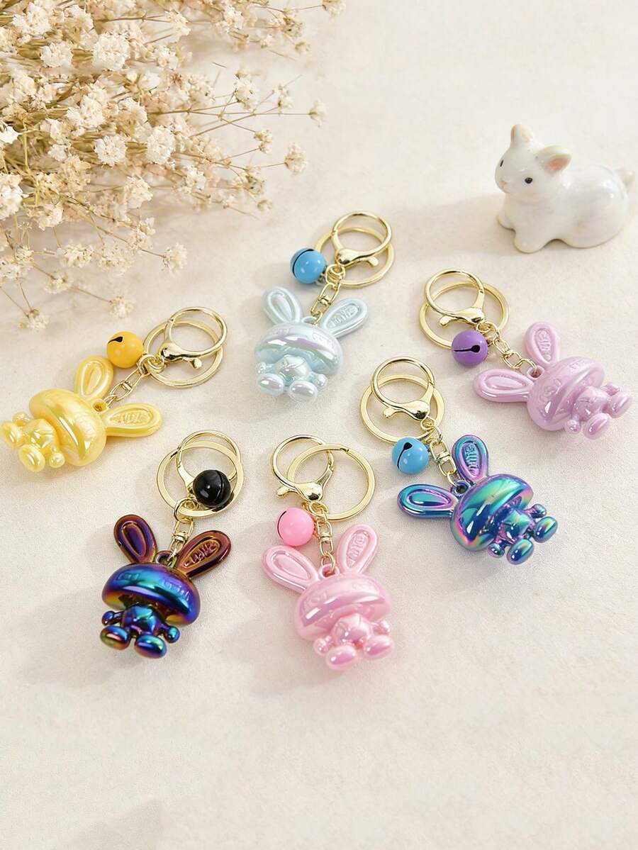 Lindo llavero de conejo de orejas largas de dibujos animados y colorido, colgante de figurita brillante, accesorio de campana femenina, dije para bolso, anillo creativo para llaves de coche, pequeño regalo - Multicolor - Ver 1