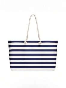 [Embroidered] Customized Navy Blue And White Striped Beach Tote Bag, Large Women's Canvas Rope Handle Shoulder Bag, Essential For Summer Beach Travel - Multicolor - View 6