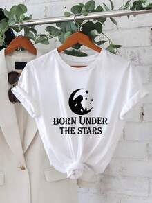 Camiseta Oversize Blanca Con Luna Estrellas Y Texto Born Under The Stars Para Mujer Casual - Blanco - Ver 2