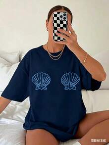 Graphic TeesWomen's Tropical Shell Print Casual T-Shirt - High Elasticity Round Neck Short Sleeve Top, Machine Washable White Blue Summer Beachwear, All-Season Comfortable Fit, Breathable Fabric, Simple Design, Tops For Women, Vacation Outfits For Women100% CottonWomen's Casual Easter Cotton T-Shirt Soft Breathable Daily Tee - 藏蓝色 - 查看 1
