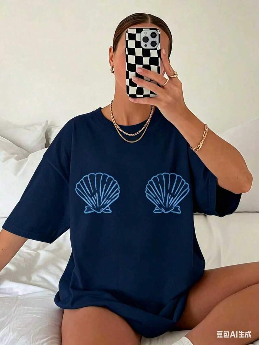 Graphic TeesWomen's Tropical Shell Print Casual T-Shirt - High Elasticity Round Neck Short Sleeve Top, Machine Washable White Blue Summer Beachwear, All-Season Comfortable Fit, Breathable Fabric, Simple Design, Tops For Women, Vacation Outfits For Women100% CottonWomen's Casual Easter Cotton T-Shirt Soft Breathable Daily Tee - 藏蓝色 - 查看 1