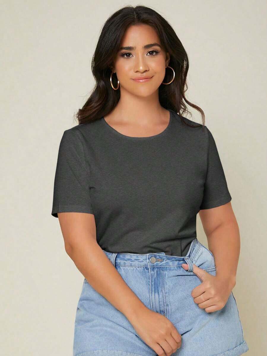 BASICS Camiseta De Cuello Redondo Sólido Para Tallas Grandes - Gris Oscuro - Ver 1