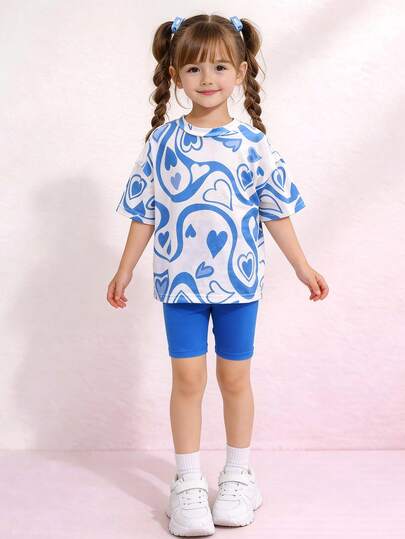 女童蓝白爱心印花T恤+骑行短裤套装