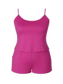 Plus Size Women 2pcs Set Solid Color Camisole And Shorts Elegant Summer - Hot Pink - View 2